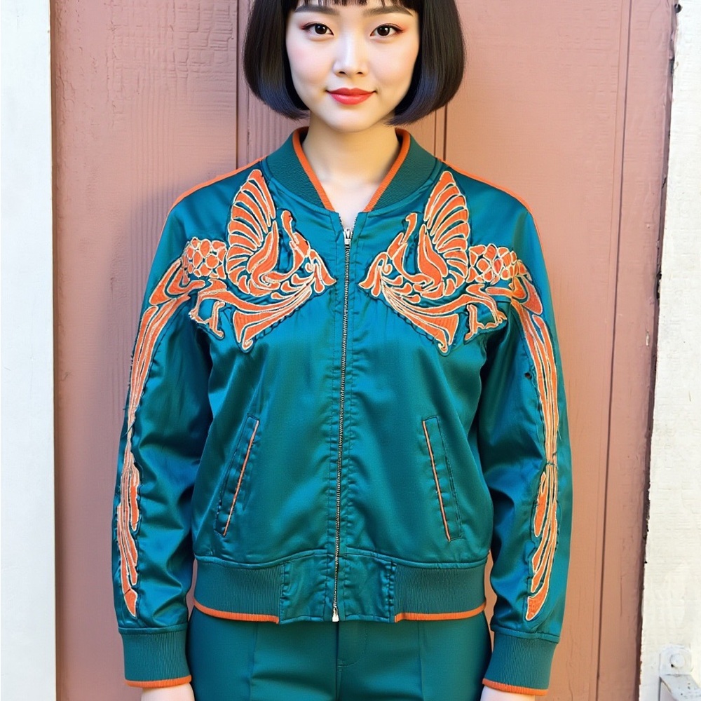 Teal and Orange Embroidered Women's reversible street wear Jacket